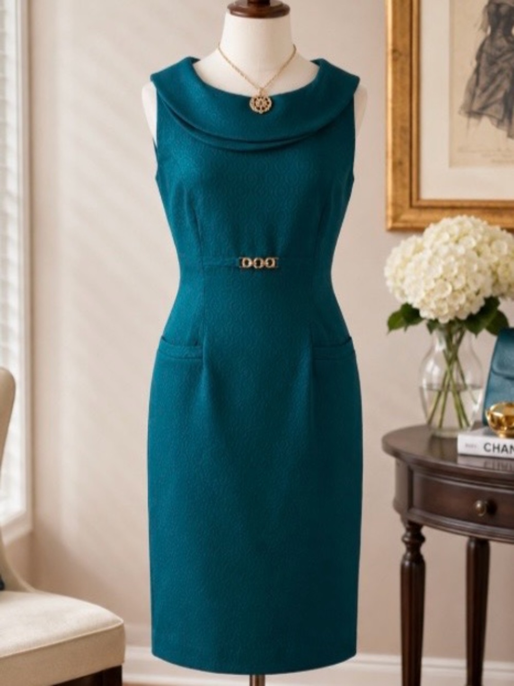 Tahari by Arthur S Levine Teal Dress Sz 8 Sheath Jacquard Sleeveless Gold Accent